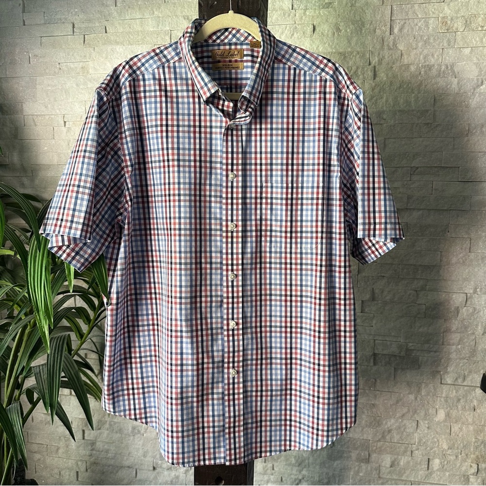 Roundtree Yorke Gold Label Non Iron Plaid Red Blue Short Sleeve Cotton Shirt XL